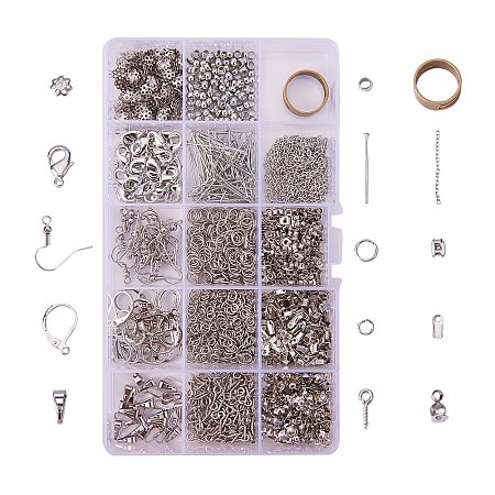 PandaHall Elite About 1642 Pcs Jewelry Making Findings Kits with Cord Ends Lobster Claw Clasps Jump Rings Headpins Earring Bead Caps Pinch Bails Twist Chain Links 174x100x21.5mm Platinum