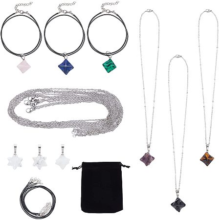 SUNNYCLUE 9 Colors Merkaba Star Gemstone Chakra Beads Pendants Natural Quartz Crystal Stone Charms & 5 Stainless Steel Chain & 5 Black I Leather Cord for DIY Necklace Jewelry Making