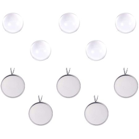 UNICRAFTALE 5 Sets Pendant Cabochon Jewelry Sets, 18mm Stainless Steel Bezel Pendant with Clear Glass Cabochon, Half Round Trays Pendant Blanks for DIY Pendant Necklace Making, Hole 2x4mm