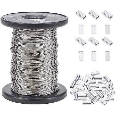 AHANDMAKER Stainless Steel Cable, 304 Stainless Steel Tiger Tail Wire Steel Wire Rope with Rectangle Aluminum Crimping Sleeves for Outdoor, Yard, Garden, Crafts, String Lights, Clothesline
