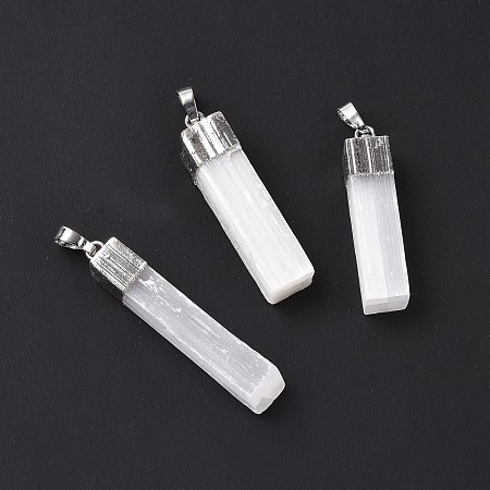Honeyhandy Natural Selenite Pendants, Cuboid Charms, with Rack Plating Brass Findings, Platinum, 37~48x10~13x7~10mm, Hole: 8x5mm