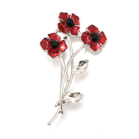 Honeyhandy Alloy Brooches, with Rhinestone and Enamel, Remembrance Poppy Flower Badge, Platinum, 64x38x12mm, Pin: 0.6mm