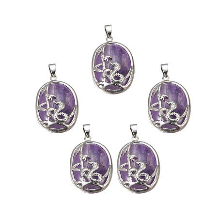 ARRICRAFT 1pc Natural Amethyst Pendants with Brass Findings Oval with Snake for DIY Jewelry Making, Hole: 4.5x7.5mm