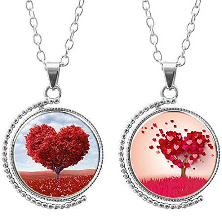 ARRICRAFT 3pcs Double-Sided Picture Glass Rotatable Pendant Necklaces, with Alloy Chains, Flat Round with Heart Tree, Silver, 18.5
