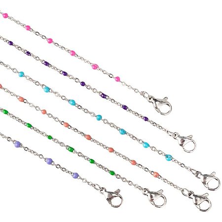 Arricraft 6pcs 6 Colors Stainless Steel Cable Chain Necklace with Clasps Metal Link Chain with Enamel Charms for Necklace Jewelry Making