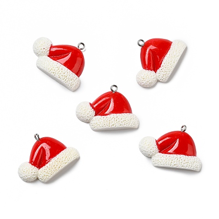 Opaque Resin Pendants, with Platinum Tone Iron Loops, Christmas Hat, Red, 34.5x23.5x5.5mm, Hole: 2mm