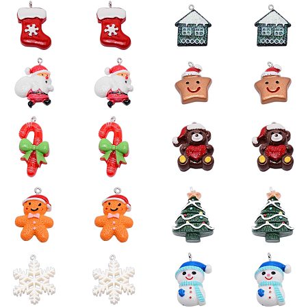 SUNNYCLUE 1 Box 20Pcs 10 Styles Resin Christmas Mini Ornaments Charms Xmas Pendants Snowflake Snowman Tree Hat Festival Decor Accessories for Necklace Bracelet Jewelry Making Supplies