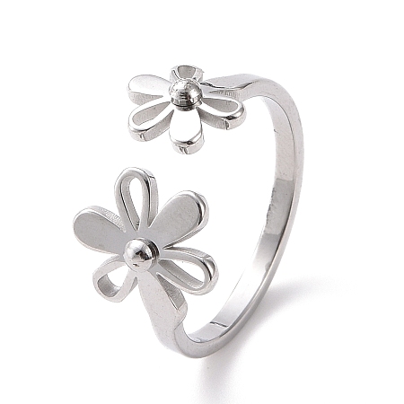 Honeyhandy 304 Stainless Steel Flower Open Cuff Ring for Women, Stainless Steel Color, US Size 6~9 1/4(16.5~19.1mm)
