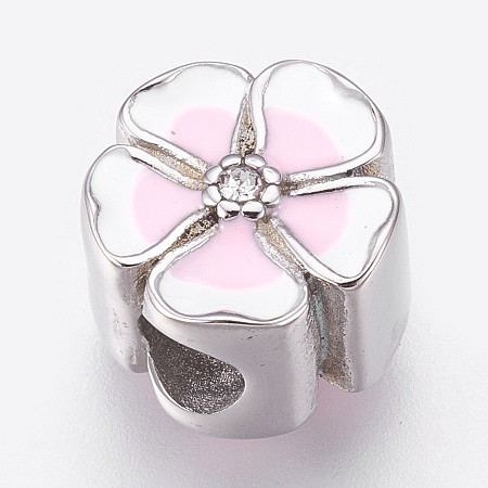 Honeyhandy 304 Stainless Steel European Beads, Large Hole Beads, with Enamel and Rhinestone, Flower, Pink, Stainless Steel Color, 11.5x8mm, Hole: 4mm
