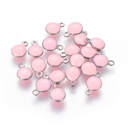 Arricraft 304 Stainless Steel Enamel Charms, Enamelled Sequins, Flat Round, Stainless Steel Color, Pink, 13.5x10x3.5~4mm, Hole: 1.4mm