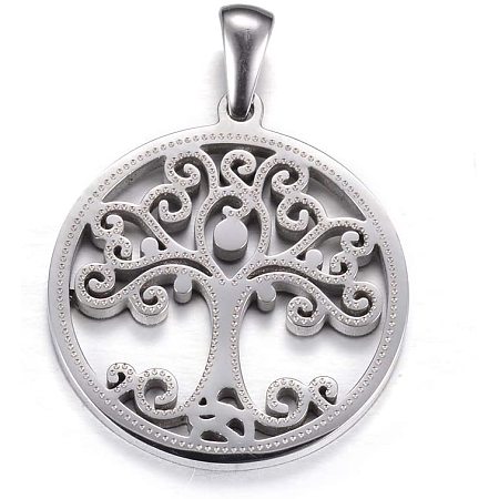 UNICRAFTALE 10pcs Tree Charm Stainless Steel Pendants Flat Round with Tree of Life Hollow Charms for DIY Jewelry Making 27.5x25x2mm, Hole 7x3mm