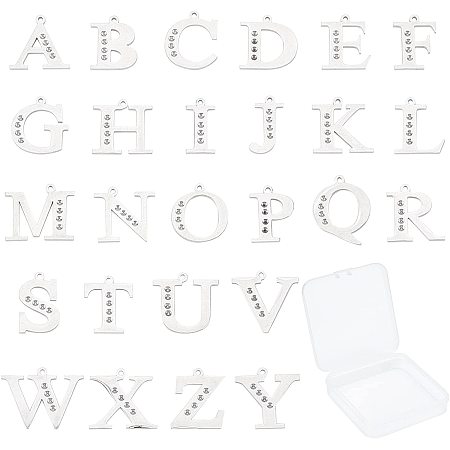 SUNNYCLUE 1 Box 26 Alphabet Letter Charms Stainless Steel A-Z Flatback Metal ABC Rhinestone Pendants Mini Initials Beads with Hole for Personalized Jewelry Making DIY Supplies, Silver