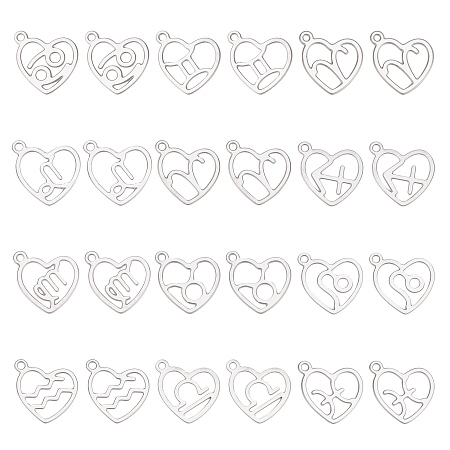 SUNNYCLUE 1 Box 24Pcs 12 Style Zodiac Charms Zodiac Sign Charm 304 Stainless Steel Heart Charms Flat Round Constellation Charm for Jewelry Making Charms DIY Bracelet Necklace Ankle Craft Women Adult