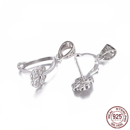Honeyhandy Rhodium Plated 925 Sterling Silver Pendant Bails, with Cubic Zirconia, with 925 Stamp, Clover, Clear, Platinum, 17x6.5x7mm, Hole: 4.5x3.5mm, Pin: 0.7mm, Inseam Length: 9mm