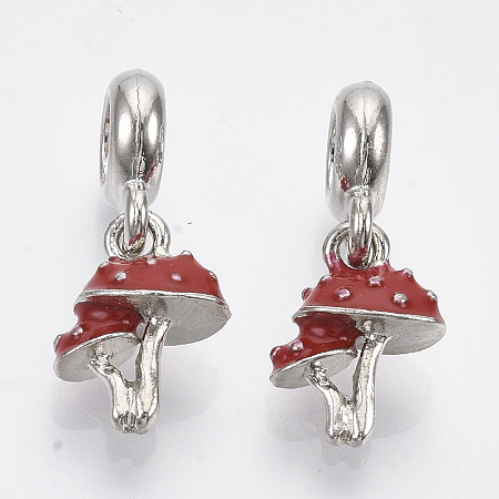 Honeyhandy Alloy European Dangle Charms, with Enamel, Large Hole Pendants, Mushroom, Red, Platinum, 25mm, Hole: 5mm, Mushroom: 14.5x10.5x6.5mm