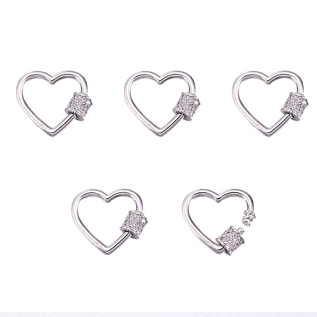 ARRICRAFT Brass Micro Pave Clear Cubic Zirconia Screw Carabiner Lock Charms, for Necklaces Making, Heart, Platinum, 17.5~18x20x5.5mm, Screw: 5x5.5mm