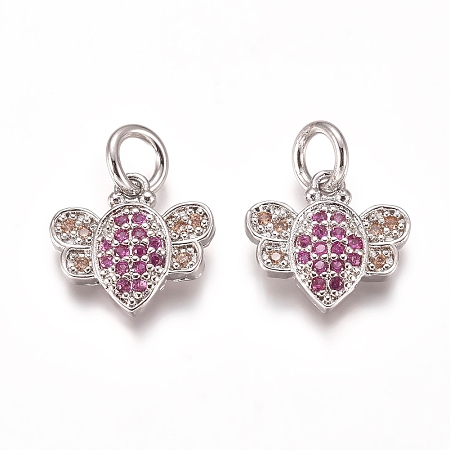 ARRICRAFT Brass Micro Pave Cubic Zirconia Charms, with Jump Rings, Bees, Magenta & PeachPuff, Platinum, 10x11x2mm, Hole: 3mm