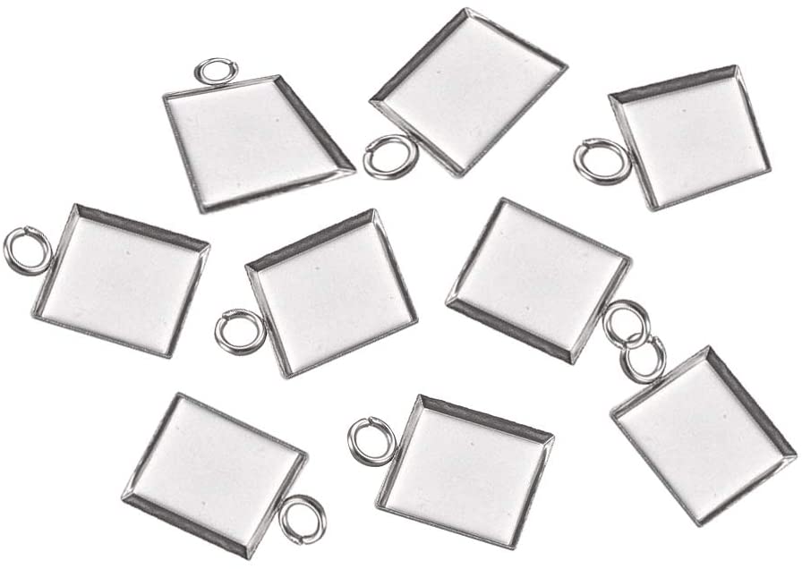 UNICRAFTALE 200pcs 10x10mm Tray Square Stainless Steel Pendant Cabochon Settings Blank Bezel Pendant Trays Metal Pendant Blank for DIY Earring Necklace Jewelry Making Hole 2.5mm 