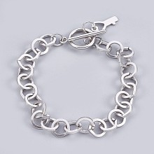 Honeyhandy 304 Stainless Steel Cable Chain Bracelets, with Toggle Clasps and Key Shape Charm, Stainless Steel Color, 7-5/8 inch(19.5cm), 9mm