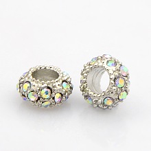 Honeyhandy Platinum Plated Alloy Grade A Rhinestone European Beads, Large Hole Beads, Rondelle, Crystal AB, 11x6mm, Hole: 5mm