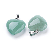 Honeyhandy Natural Green Aventurine Pendants, with Brass Findings, Heart, Platinum, 23x20x7~9mm, Hole: 5x8mm