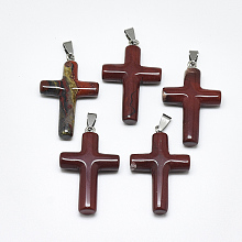 Honeyhandy Natural Red Rainbow Jasper Pendants, with Stainless Steel Snap On Bails, Cross, Stainless Steel Color, 44~46x28x8mm, Hole: 3~4x7~8.5mm