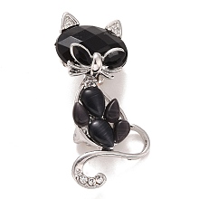 Honeyhandy Rhinestone Cat Badge, Animal Alloy Lapel Pin for Backpack Clothes, Platinum, Jet, 44x20x8mm, Pin: 0.7mm