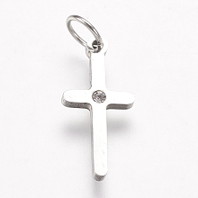 Honeyhandy 316 Surgical Stainless Steel Pendants, with Rhinestone, Cross, Stainless Steel Color, 16.5x8x1.5mm, Hole: 3.5mm