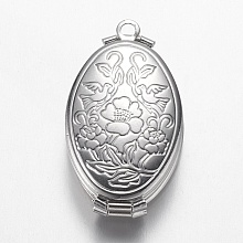 Honeyhandy Brass Locket Pendants, Oval with Flower, Multilayer, Platinum, 35x20x10mm, Hole: 2mm