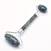 ARRICRAFT Natural Moss Agate Brass Face Massager, Facial Rollers, Platinum, 142~150x54~58x19~22mm