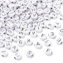 Honeyhandy Plating Acrylic Beads, Metal Enlaced, Horizontal Hole, Mixed Letters, Flat Round, Silver Plated, 7x4mm, Hole: 1.8mm