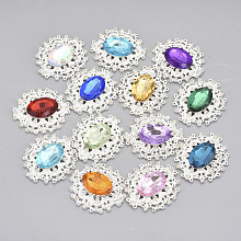 Honeyhandy Alloy Cabochons, with Acrylic Rhinestone and Glass Rhinestone, Faceted, Flower, Silver, Mixed Color, 32.5x29x6mm