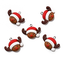 Honeyhandy Opaque Resin Pendants, with Platinum Tone Iron Loops, Christmas Theme, Deer, Saddle Brown, 28x21x5mm, Hole: 2mm