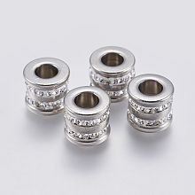 Honeyhandy 201 Stainless Steel Beads, with Polymer Clay Rhinestone, Large Hole Beads, Grooved, Column, Stainless Steel Color, 12x10.5mm, Hole: 6mm