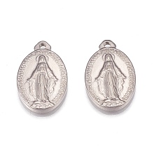 Honeyhandy 304 Stainless Steel Pendants, Oval with Virgin Mary, Miraculous Medal, Stainless Steel Color, 21x13x2mm, Hole: 2mm