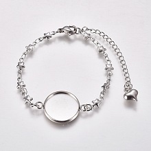 Honeyhandy 304 Stainless Steel Bracelet Making, with Lobster Claw Clasps, Star Link Chains and Flat Round Cabochon Settings, Stainless Steel Color, Tray: 16mm, 6-1/8 inch(15.5cm)