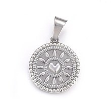 Honeyhandy 304 Stainless Steel Pendants, Flat Round with Heart, Stainless Steel Color, 28.5x25x2.5mm, Hole: 11x5mm