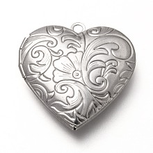 Honeyhandy 316 Stainless Steel Locket Pendants, Photo Frame Charms for Necklaces, Heart with Floral Pattern, Stainless Steel Color, 29x28.5x6.5mm, Hole: 2mm, Inner Diameter: 17x21mm