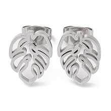 Honeyhandy Non-Tarnish 304 Stainless Steel Stud Earrings, Hollowe Oak Leaf, Stainless Steel Color, 11.5x9mm