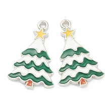 Honeyhandy Alloy Enamel Pendants, Christmas Tree, Green, Platinum, 25x16x2mm, Hole: 1mm