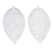 Honeyhandy 201 Stainless Steel Filigree Big Pendants, Etched Metal Embellishments, Leaf, Stainless Steel Color, 60x33x0.3mm, Hole: 1.6mm