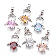 Honeyhandy Brass Cubic Zirconia Pendant, Angel, Platinum, Mixed Color, 20x14x5mm, Hole: 4x5mm