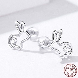 Honeyhandy Rhodium Plated 925 Sterling Silver Bunny Stud Earrings, Rabbit Silhouette, with 925 Stamp, Platinum, 12x9mm