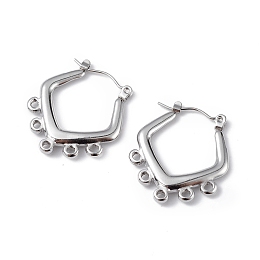 Honeyhandy 304 Stainless Steel Hoop Earrings Finding, with Horizontal Loops, Rhombus, Stainless Steel Color, 24.5x21.5x3mm, Hole: 1.4mm, Pin: 0.5mm