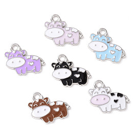 Honeyhandy Alloy Enamel Pendants, Cow Charm, Platinum, 16x20x2mm, Hole: 2.5mm