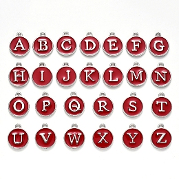 Honeyhandy Initial Letter A~Z Alphabet Enamel Charms, Flat Round Disc Double Sided Charms, Platinum Plated Enamelled Sequins Alloy Charms, Dark Red, 14x12x2mm, Hole: 1.5mm, 26pcs/set