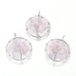 Honeyhandy Natural Rose Quartz Pendants, with Brass Findings, Flat Round with Tree of Life, Platinum, 29x5~7mm, Hole: 4.5mm