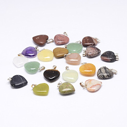 Honeyhandy Natural Mixed Stone Pendants, with Brass Finding, Heart, Platinum, 23mm, Hole: 2x5mm, 20pcs/box