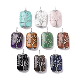 Honeyhandy Natural & Synthetic Mixed Gemstone Copper Wire Wrapped Pendants, Rectangle with Tree of Life Charms, Platinumfe, Mixed Dyed and Undyed, 46~49x25~27x10~12mm, Hole: 8x9mm