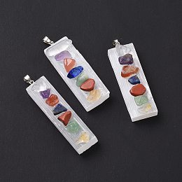 Honeyhandy Natural Selenite Rectangle Big Pendants, 7 Chakra Gems Chips Charms with Rack Plating Platinum Tone Brass Snap on Bails, 52~56x14~17x11~14mm, Hole: 6x2mm